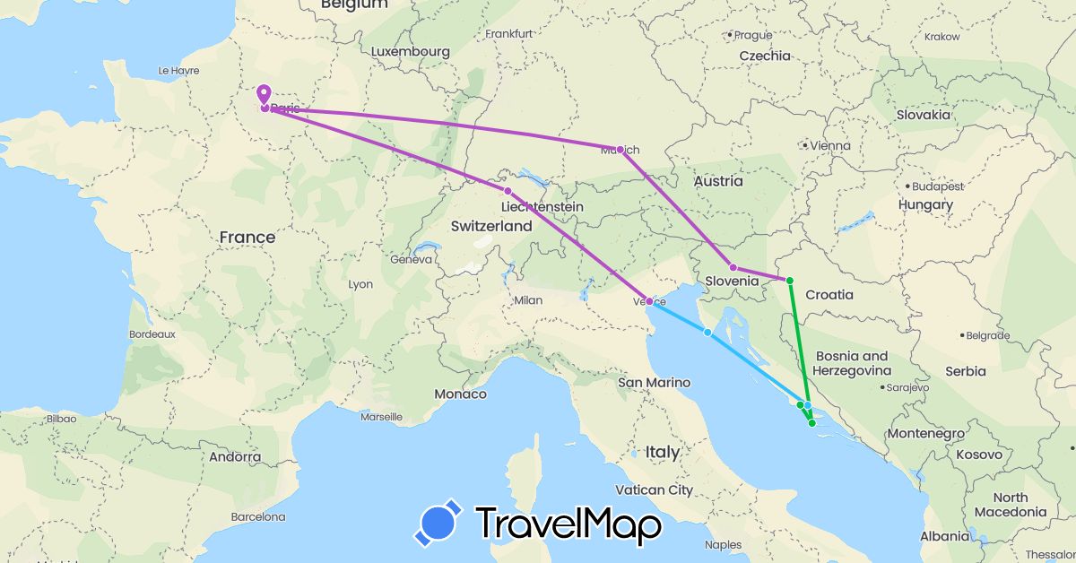 TravelMap itinerary: driving, bus, train, boat in Switzerland, Germany, France, Croatia, Italy, Slovenia (Europe)